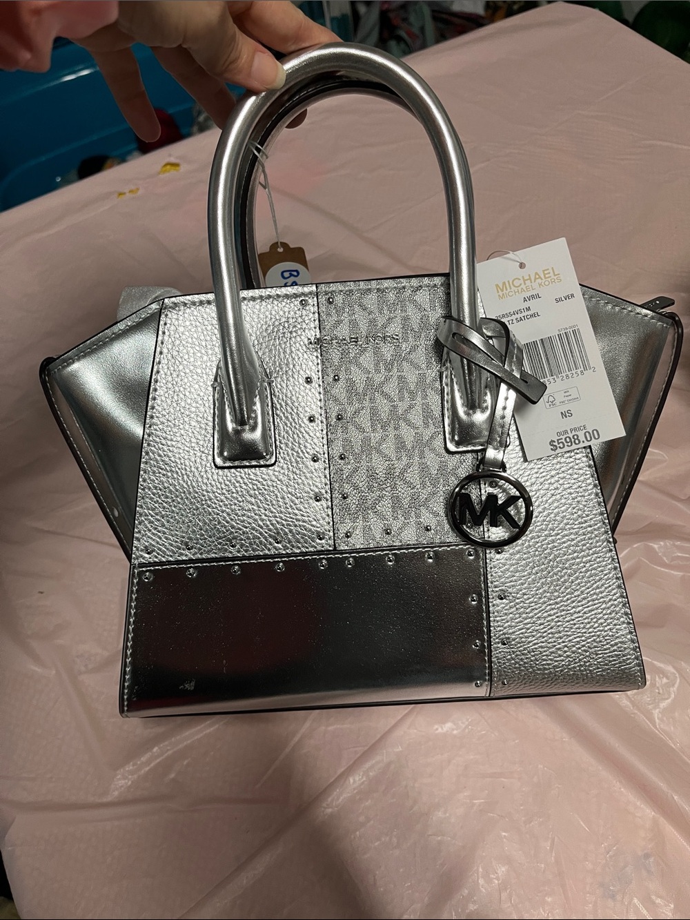 Michael Kors Silver Metallic Patchwork Satchel with MK Charm,cross body strap